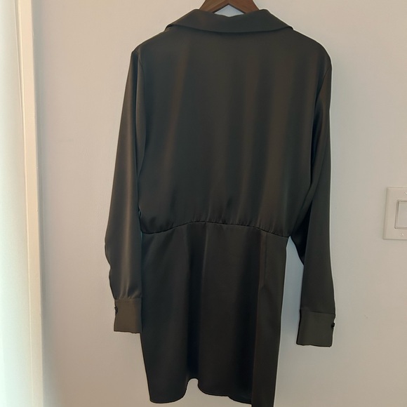 Zara Olive Satin Faux Wrap Long Sleeve Mini Dress - Picture 12 of 14